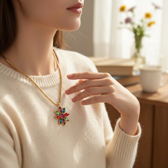 DESIGNER GRAZIANO MULTI COLOR RHINESTONE DAISY FLOWER GOLD CHAIN NECKLACE - Picture 1 of 12